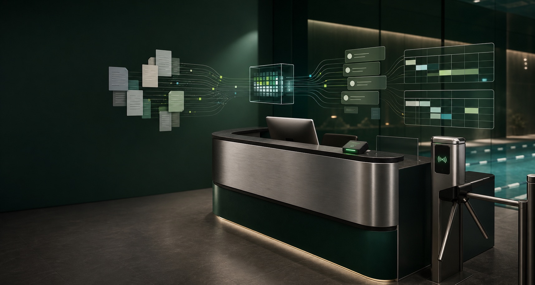 Visualizzazione del flusso operativo Palesya tra dati, reception, planning e tornello